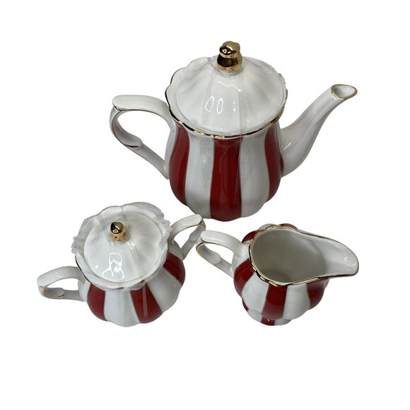 Grace Teaware Red & White Striped Porcelain Tea Set Gold Trim Christmas Decor - Picture 6 of 9